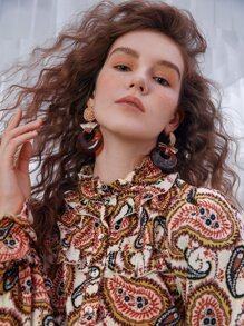 SHEIN 佩斯利印花荷葉邊領口荷葉袖腰帶襯衫 - 彩色 - 查看 9