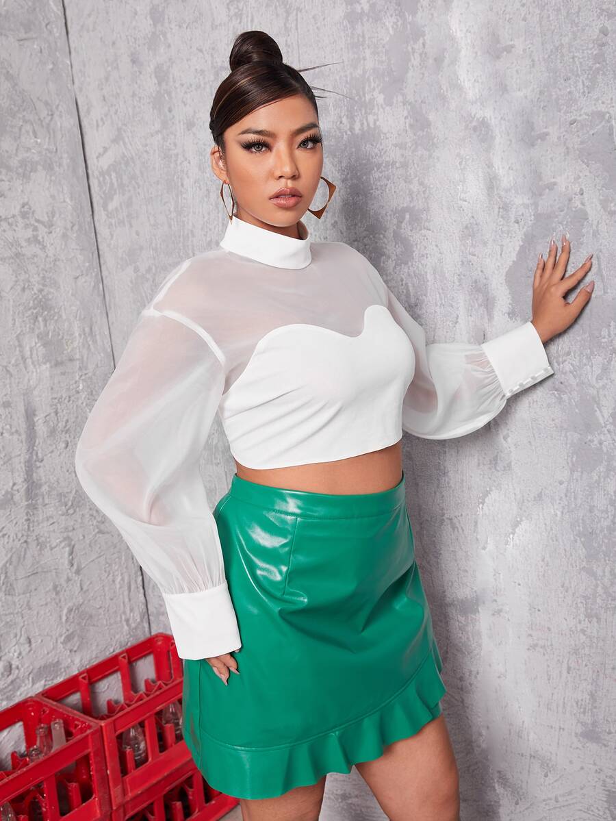 Plus Contrast Mesh Mock Neck Bishop Sleeve Crop Blouse - White - View 1