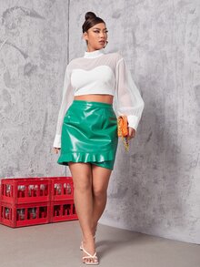 Plus Contrast Mesh Mock Neck Bishop Sleeve Crop Blouse - White - View 3