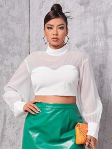 Plus Contrast Mesh Mock Neck Bishop Sleeve Crop Blouse - White - View 4