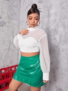 Plus Contrast Mesh Mock Neck Bishop Sleeve Crop Blouse - White - View 5