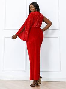 seomiscky 大碼袖不對稱下擺亮片洋裝 - 紅色 - 查看 2