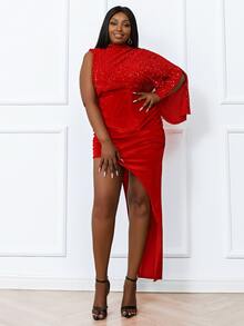 seomiscky 大碼袖不對稱下擺亮片洋裝 - 紅色 - 查看 4