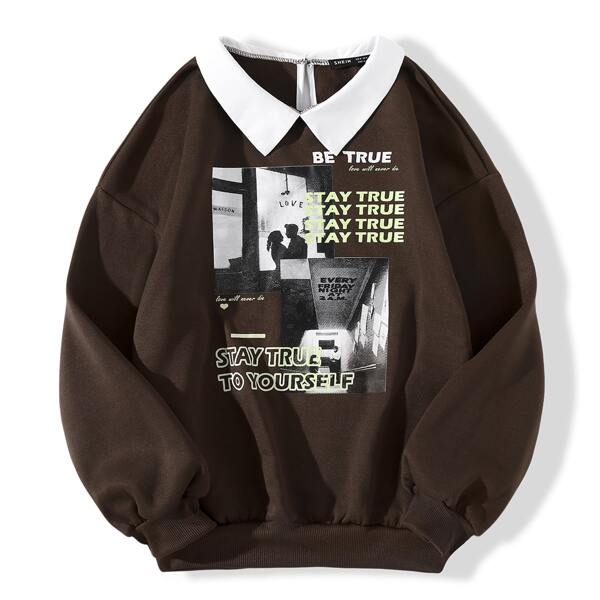 

Figure & Slogan Graphic Keyhole Back Sweatshirt, Chocolate brown