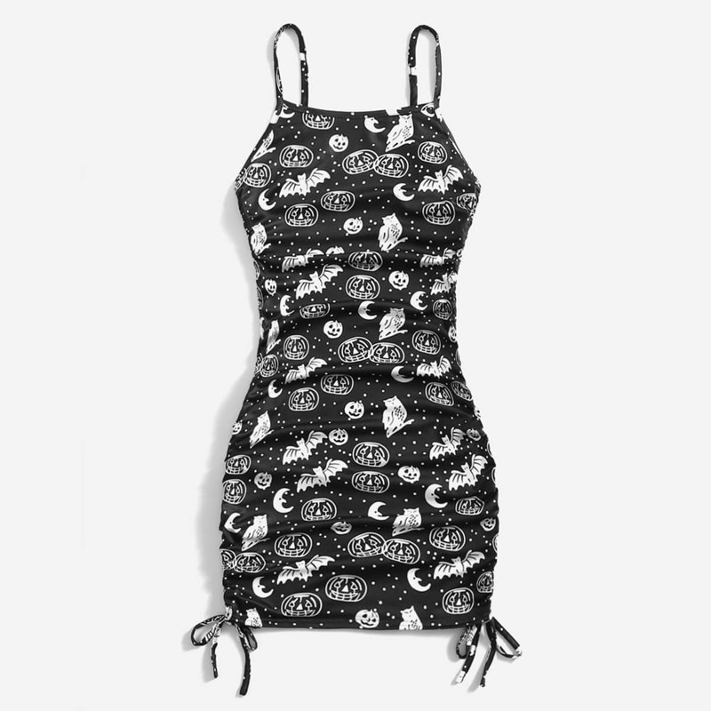 

Halloween Graphic Drawstring Ruched Dress, Black