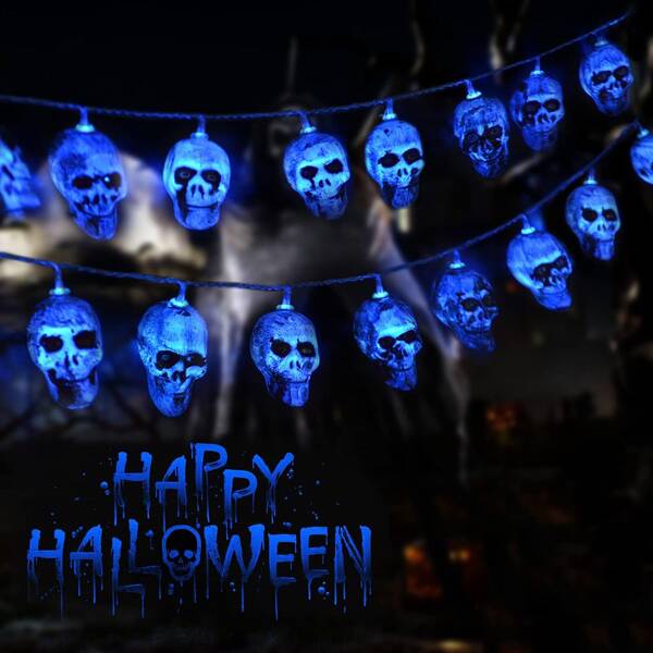 

1pc Halloween String Light With 10pcs Skull Bulb, Blue