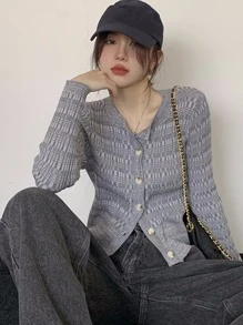 Striped Button Through Ribbed Cardigan - Grey - View 1