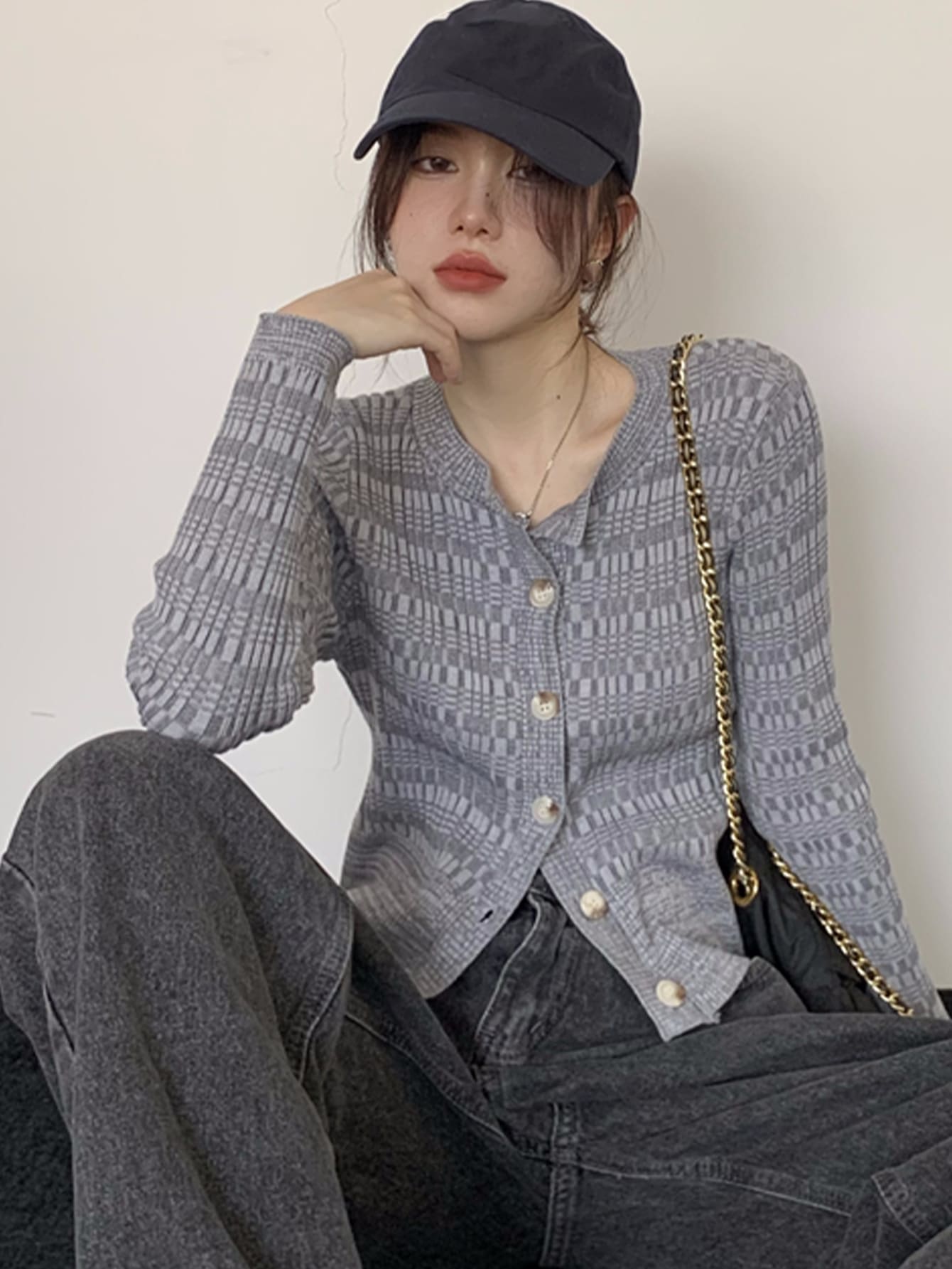 Striped Button Through Ribbed Cardigan - Grey - View 1