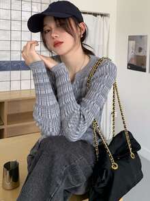 Striped Button Through Ribbed Cardigan - Grey - View 2