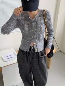 Striped Button Through Ribbed Cardigan - Grey - View 3