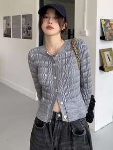 Striped Button Through Ribbed Cardigan - Grey - View 4