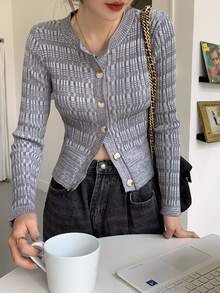 Striped Button Through Ribbed Cardigan - Grey - View 5