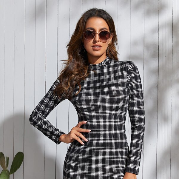 

Plaid Print Split Hem Bodycon Dress, Black and white