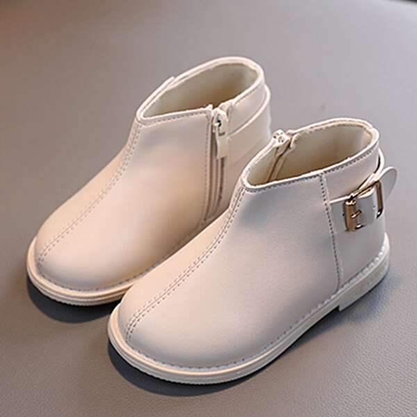 

Girls Minimalist Buckle Decor Side Zipper Boots, Beige