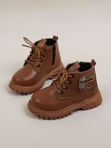 女孩素色拉鏈裝飾側拉鍊靴子 - 棕色 - 查看 1