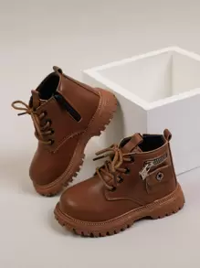 女孩素色拉鏈裝飾側拉鍊靴子 - 棕色 - 查看 3