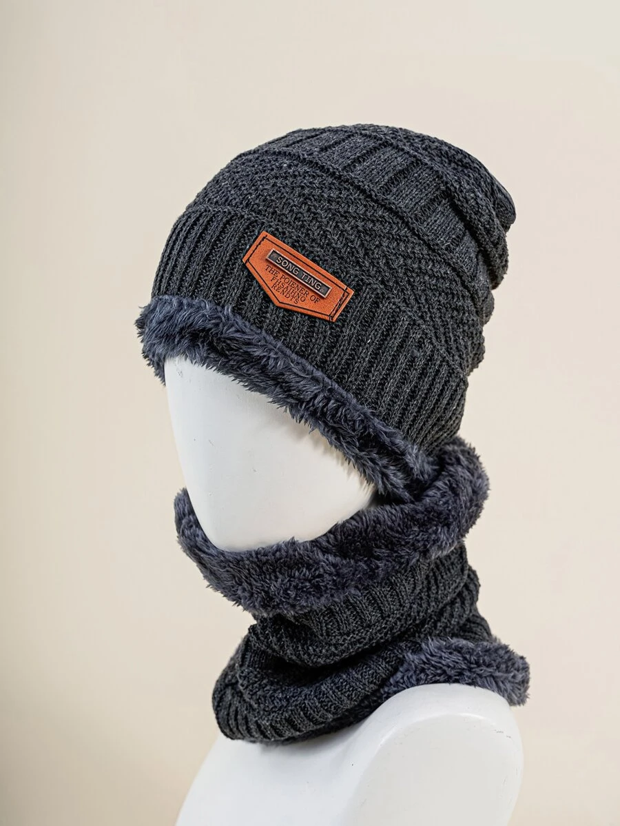 1set Fashionable Thick Thermal Lined Winter Beanie Hat And Scarf Set For Men, Suitable For Outdoor Activities And Skiing - Dark Grey - View 1