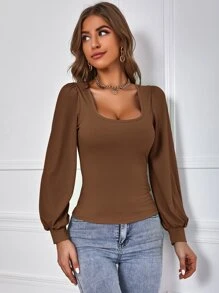 SHEIN Privé 素色方領T恤 - 棕色 - 查看 5