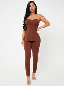 SHEIN SXY Rib-knit M-slit Tube Top & Leggings Set - Rust Brown - View 1