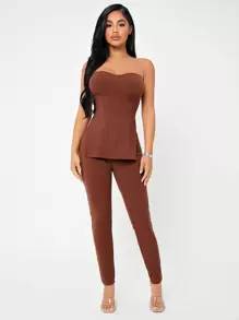 SHEIN SXY Rib-knit M-slit Tube Top & Leggings Set - Rust Brown - View 3