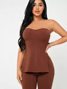 SHEIN SXY Rib-knit M-slit Tube Top & Leggings Set - Rust Brown - View 4
