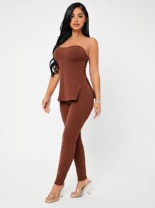SHEIN SXY Rib-knit M-slit Tube Top & Leggings Set - Rust Brown - View 5