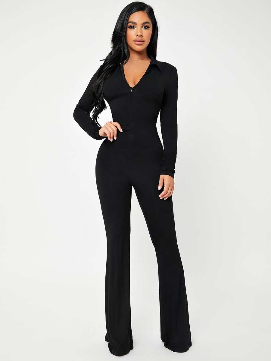 SHEIN SXY Solid Zip Up V-Neck Women Jumpsuit - Black - View 1