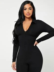 SHEIN SXY Solid Zip Up V-Neck Women Jumpsuit - Black - View 4