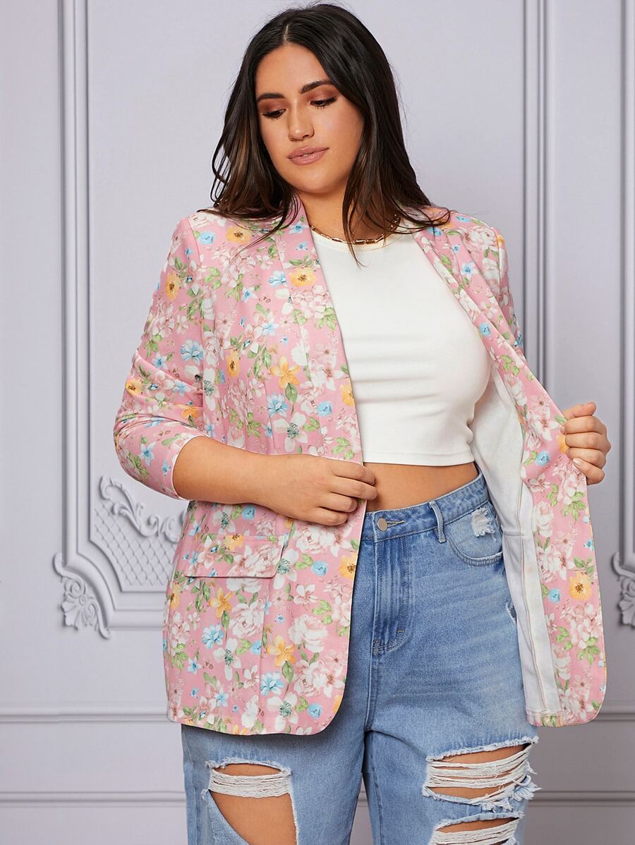 SHEIN LUNE 大碼印花青果領西裝外套 - 彩色 - 查看 1