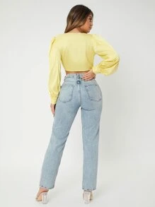 SHEIN SXY 燈籠袖前扭結緞面短款上衣 - 黃色 - 查看 2