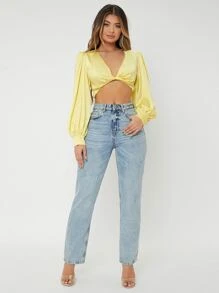 SHEIN SXY 燈籠袖前扭結緞面短款上衣 - 黃色 - 查看 3