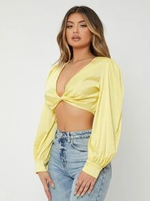 SHEIN SXY 燈籠袖前扭結緞面短款上衣 - 黃色 - 查看 5