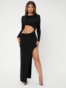 SHEIN SXY 鏤空高衩洋裝 - 黑色 - 查看 3