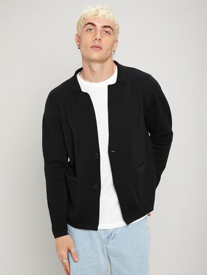 Manfinity Men Button Front Pocket Patched Cardigan