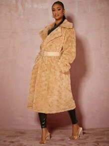 SHEIN Notched Collar Hidden Pocket Buckle Belted Coat - Khaki - View 1