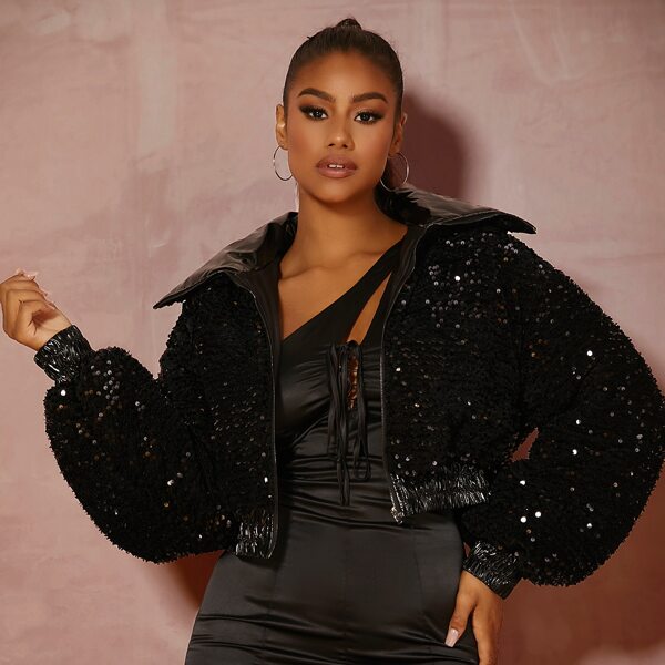 

Elastic Hem Drop Shoulder Zipper Sequins Winter Coat, Black