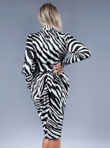 SHEIN Unity Zebra Striped Tie Neck Gigot Sleeve Tulip Hem Satin Bodycon Dress - Black and White - View 2