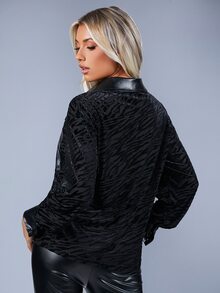 SHEIN Zebra Striped Pocket Patched Mesh Shirt - Black - View 2