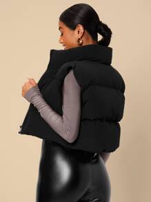SHEIN Essnce Zipper Crop Vest Padded Coat In Fall/Winter - Black - View 2