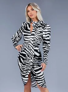 SHEIN Unity Zebra Striped Tie Neck Gigot Sleeve Tulip Hem Satin Bodycon Dress - Black and White - View 6