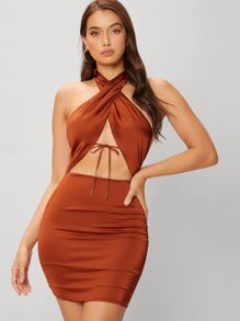فستان عارية الذراعين الصليب الثنية رباط الظهر سستة بربطة أمامية الصاف جذابة - بني مصدي - مشاهدة 1