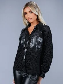 SHEIN Zebra Striped Pocket Patched Mesh Shirt - Black - View 6