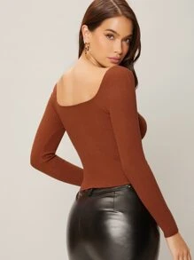 Sweetheart Neck Long Sleeve Top - Rust Brown - View 2