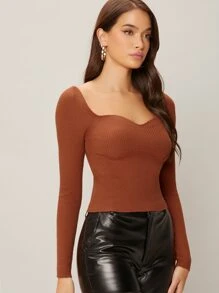 Sweetheart Neck Long Sleeve Top - Rust Brown - View 4