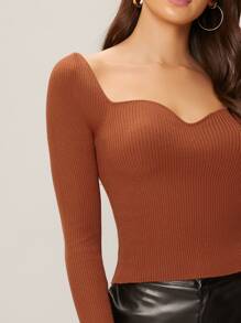 Sweetheart Neck Long Sleeve Top - Rust Brown - View 3