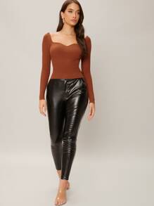 Sweetheart Neck Long Sleeve Top - Rust Brown - View 5