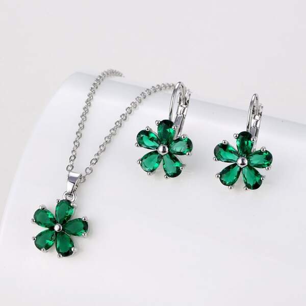 

3pcs Rhinestone Flower Pendant Jewelry Set, Green