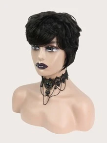 Natural Curly Human Hair Bangs Wig 100% Density Natural Black Short Wig For Women Human Hair Wig - SNatural - View 5