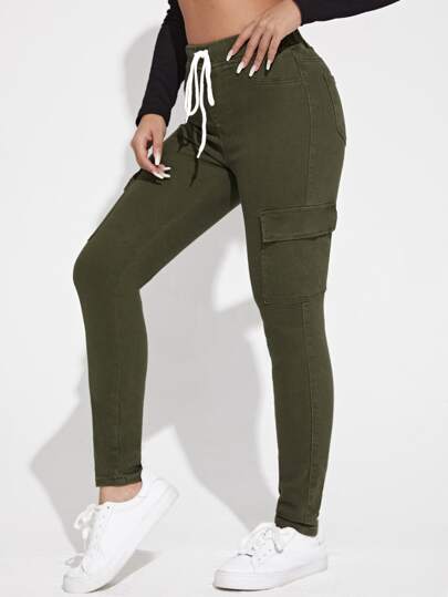 Flap Pocket Side Drawstring Waist Skinny Jeans
