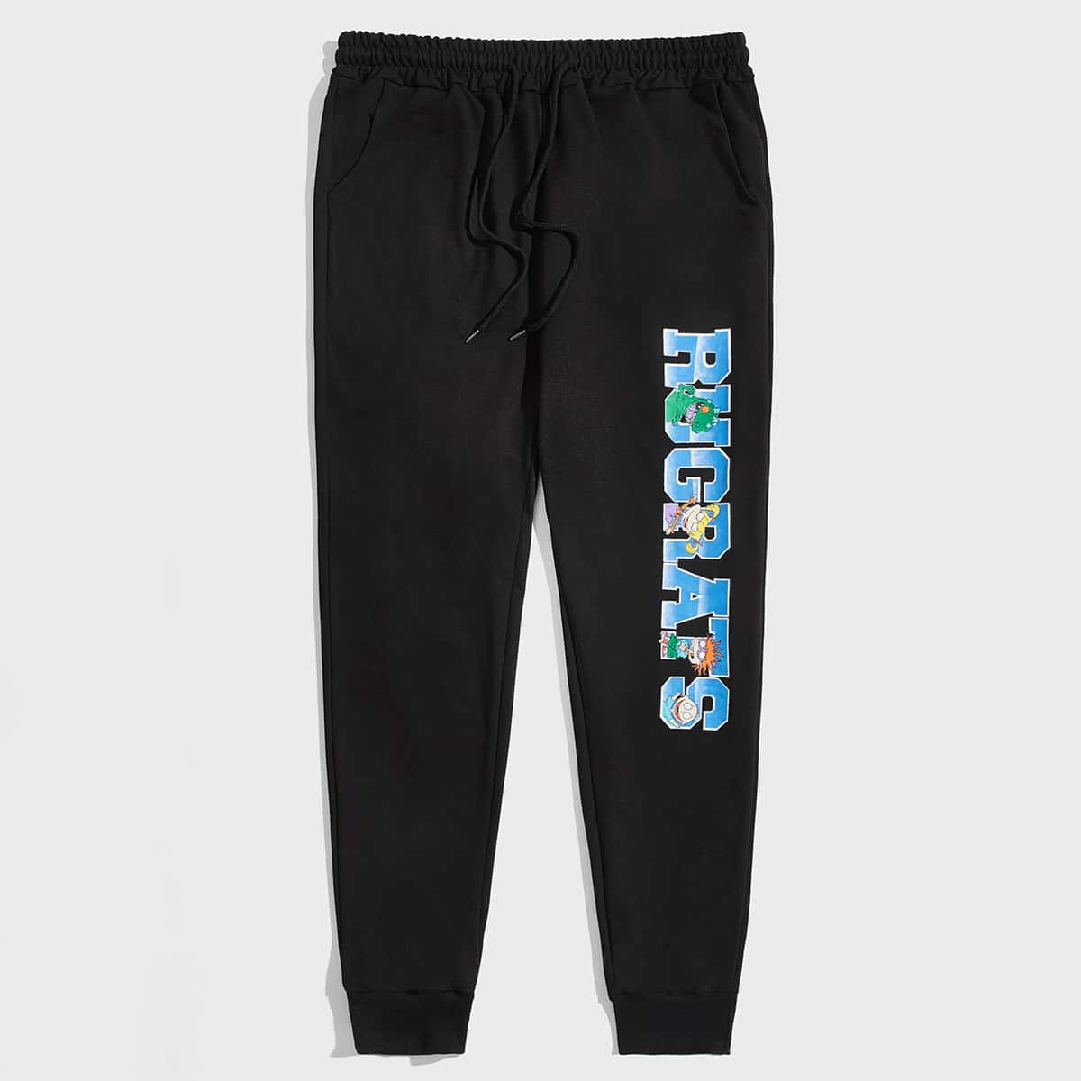 

Guys Letter Cartoon Graphic Drawstring Sweatpants, Black